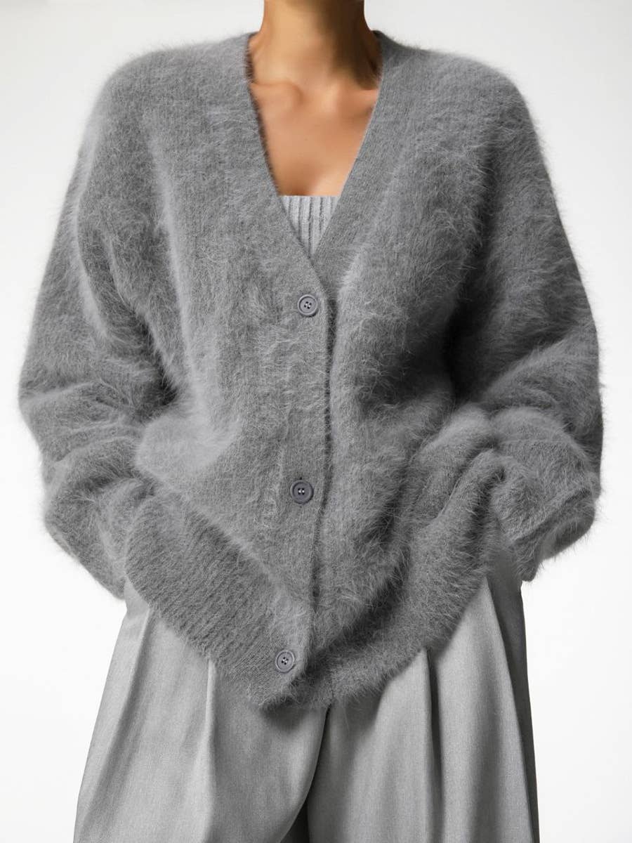 Rosa Clothing - Fluffy V-neck Button-down sweater Cardigan: Taupe / L