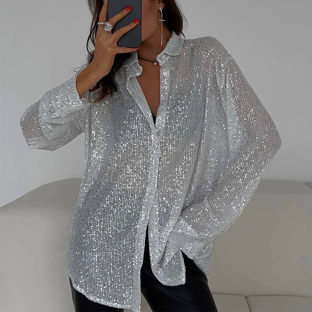 Rosa Clothing - Sequins Stylish Casual Roll-Neck Shirt: Black / M