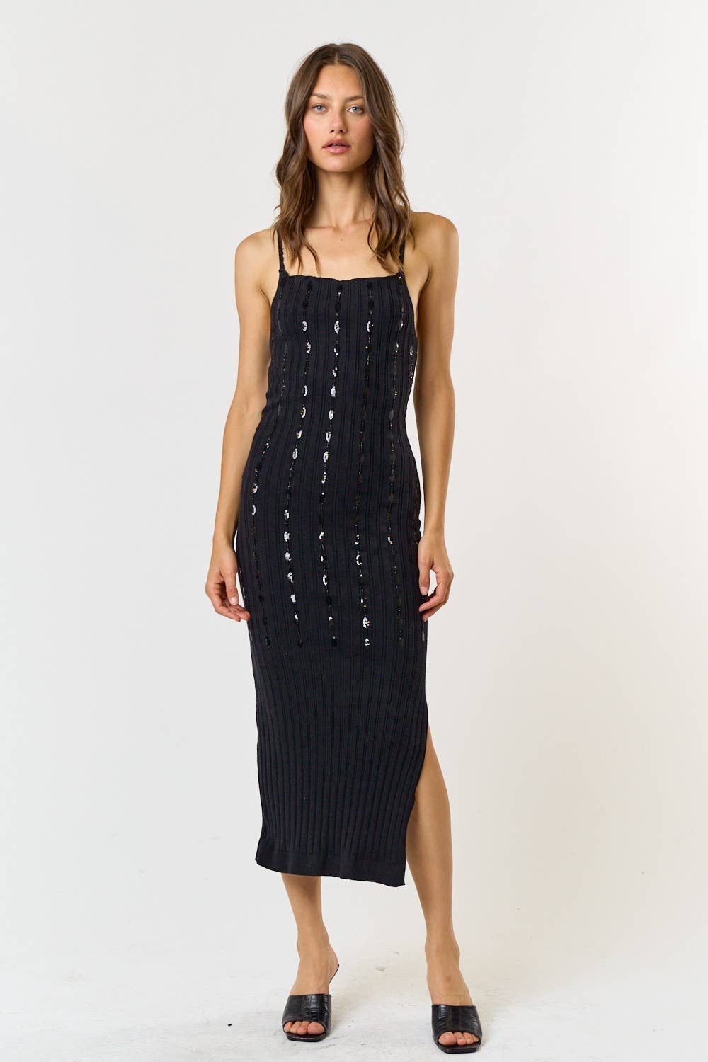 Lalavon - ILD4450 Sequin & Bead Ribbed Sweater Bodycon Mid Dress