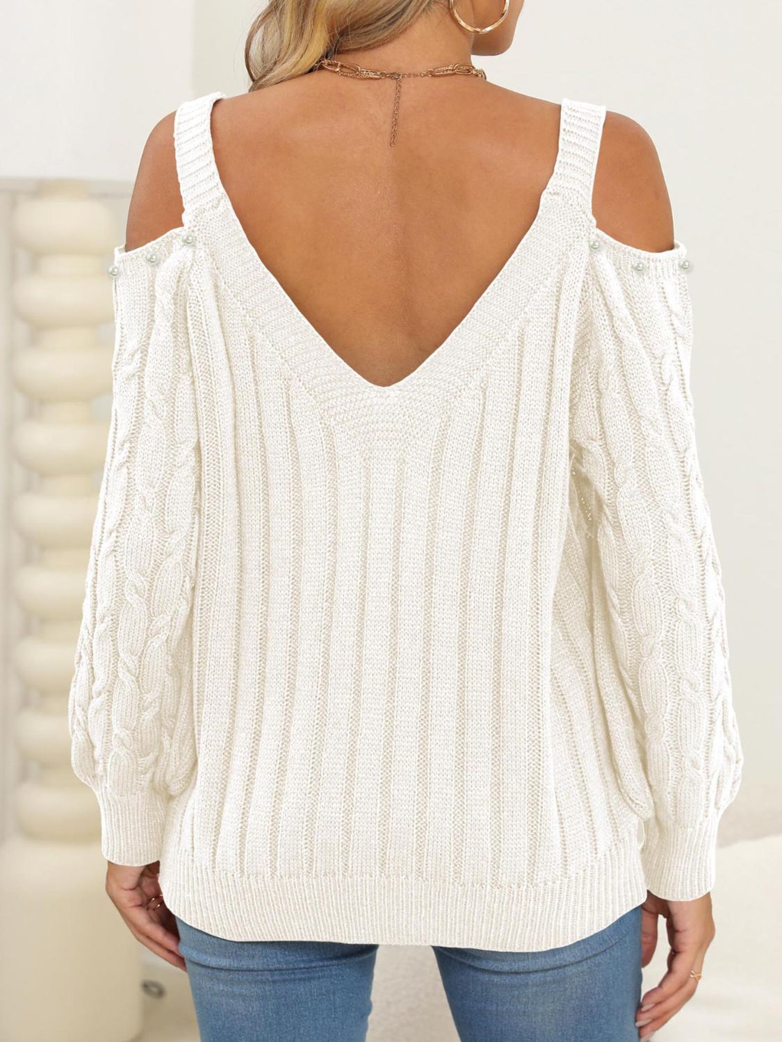 Cable-Knit Cold Shoulder Sweater