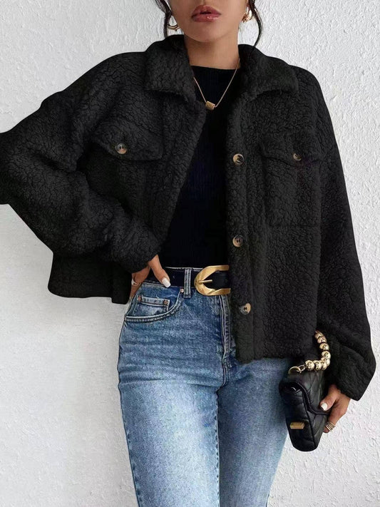 Miss Sparkling - Collared Button Faux Fur Short Coat