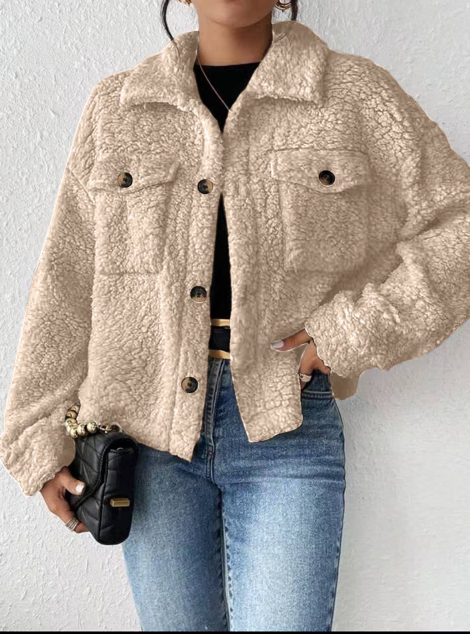 Miss Sparkling - Collared Button Faux Fur Short Coat