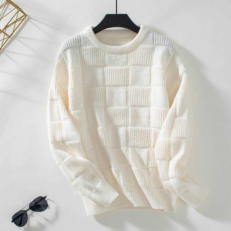 Rosa Clothing - Minimalist Checked Crewneck Sweater: Apricot / L