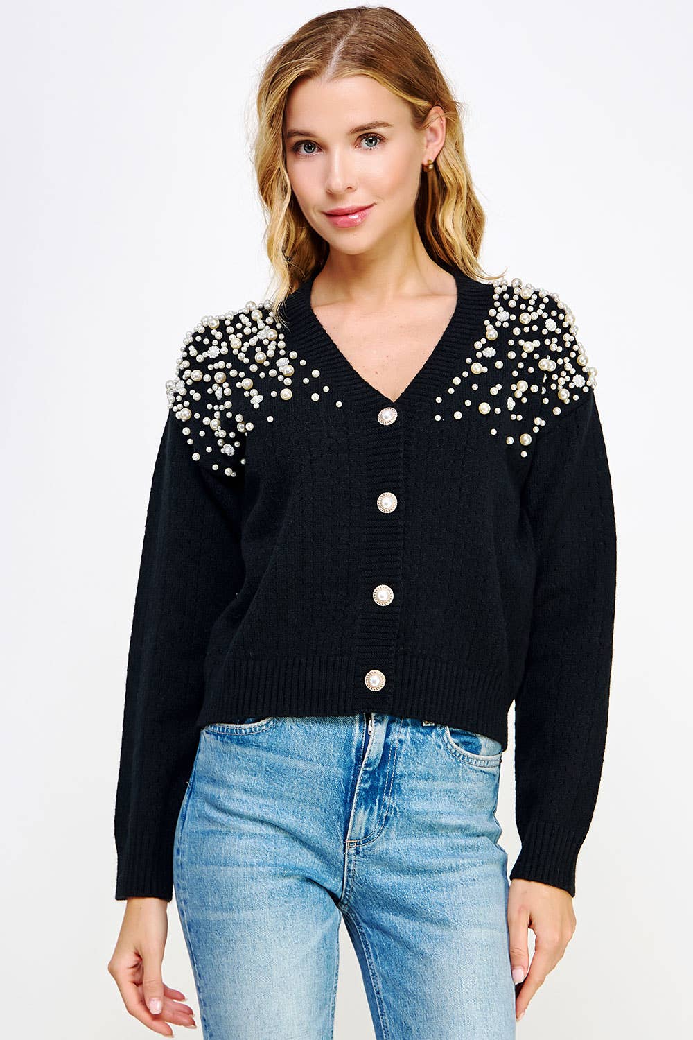 Strut & Bolt - Pearl Studded Eyelet Knit Cardigan Sweater
