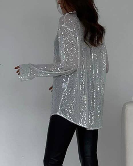 Rosa Clothing - Sequins Stylish Casual Roll-Neck Shirt: Black / M