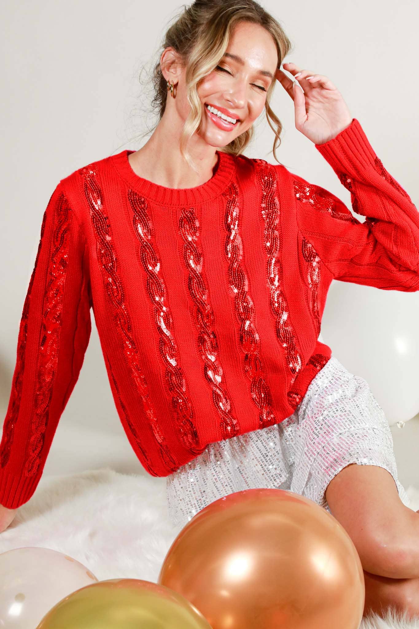 Vine & Love - Cable Sequin Detail Crew Neck Knitted Sweater Top VT70164