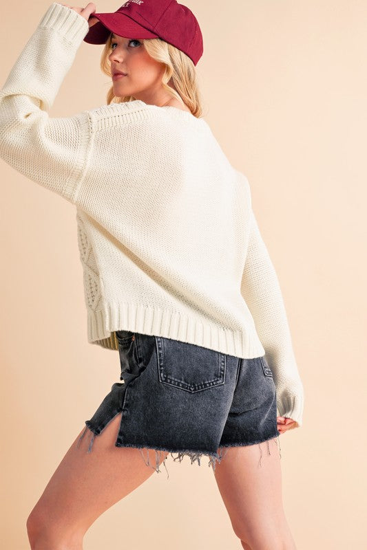 Aemi+Co Contrast Number Cable Knit Drop Shoulder Sweater