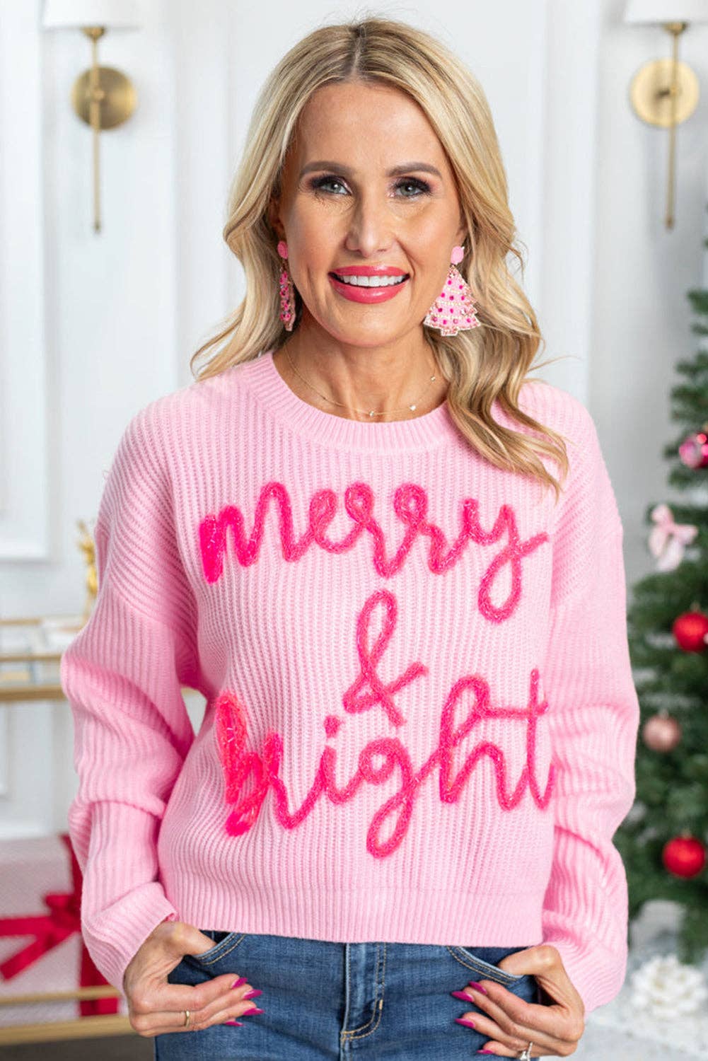 Suhkasana - Pink Merry & Bright Pop Up Letter Waffle Knit Sweater: Pink / 55%Acrylic+45%Cotton / S