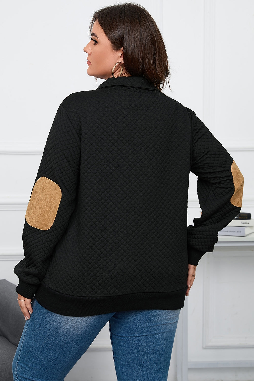 Plus Size Waffle-Knit Collared Neck Sweatshirt