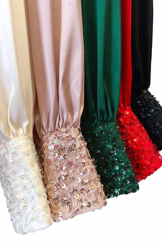 Vine & Love - Sequin Cuff Detail Boat Neck Satin Blouse Top VT81259