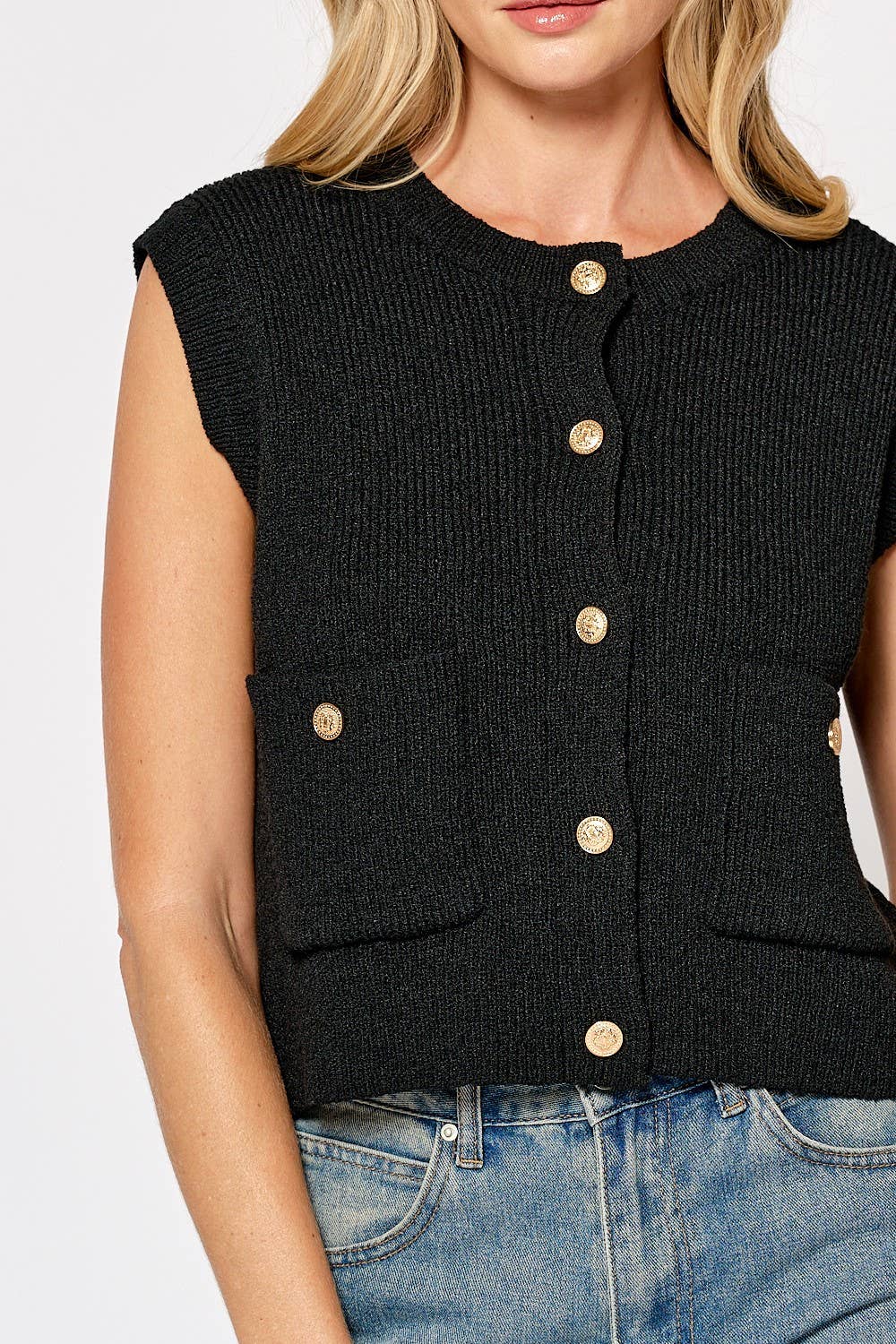 Lalavon - ILT5155 GOLD BUTTON SWEATER VEST W/ POCKETS
