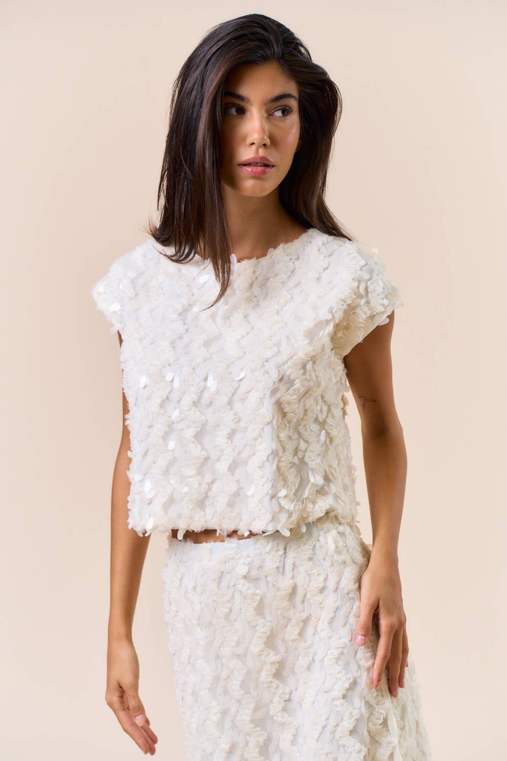 Lalavon - ILT5786 Short Sleeve Sequin Top