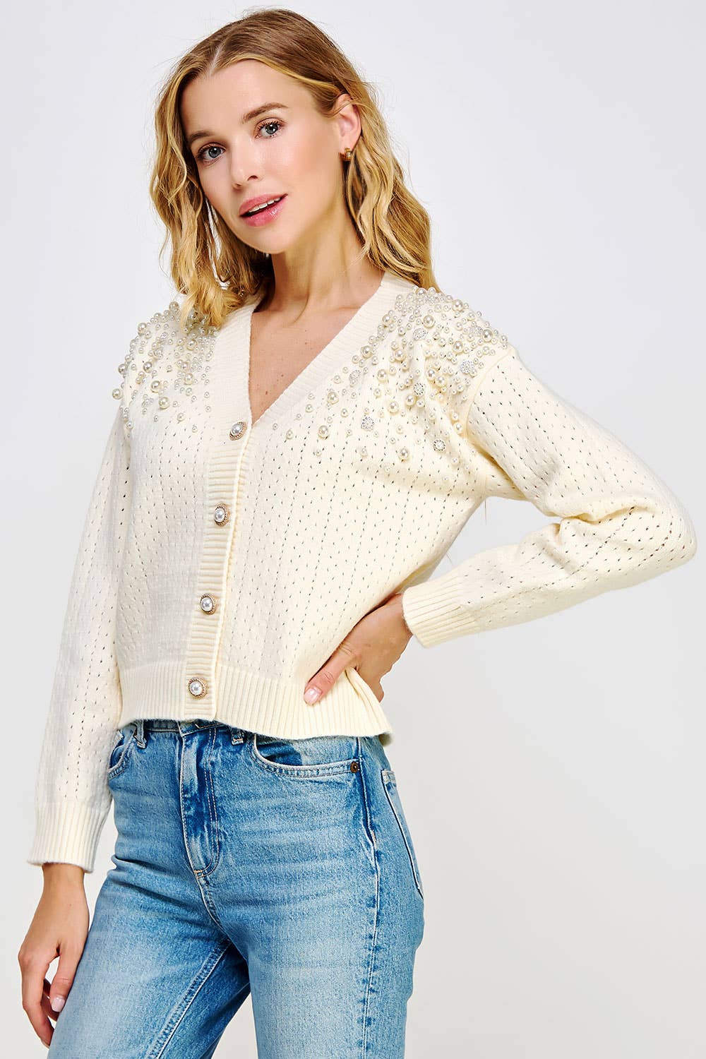 Strut & Bolt - Pearl Studded Eyelet Knit Cardigan Sweater