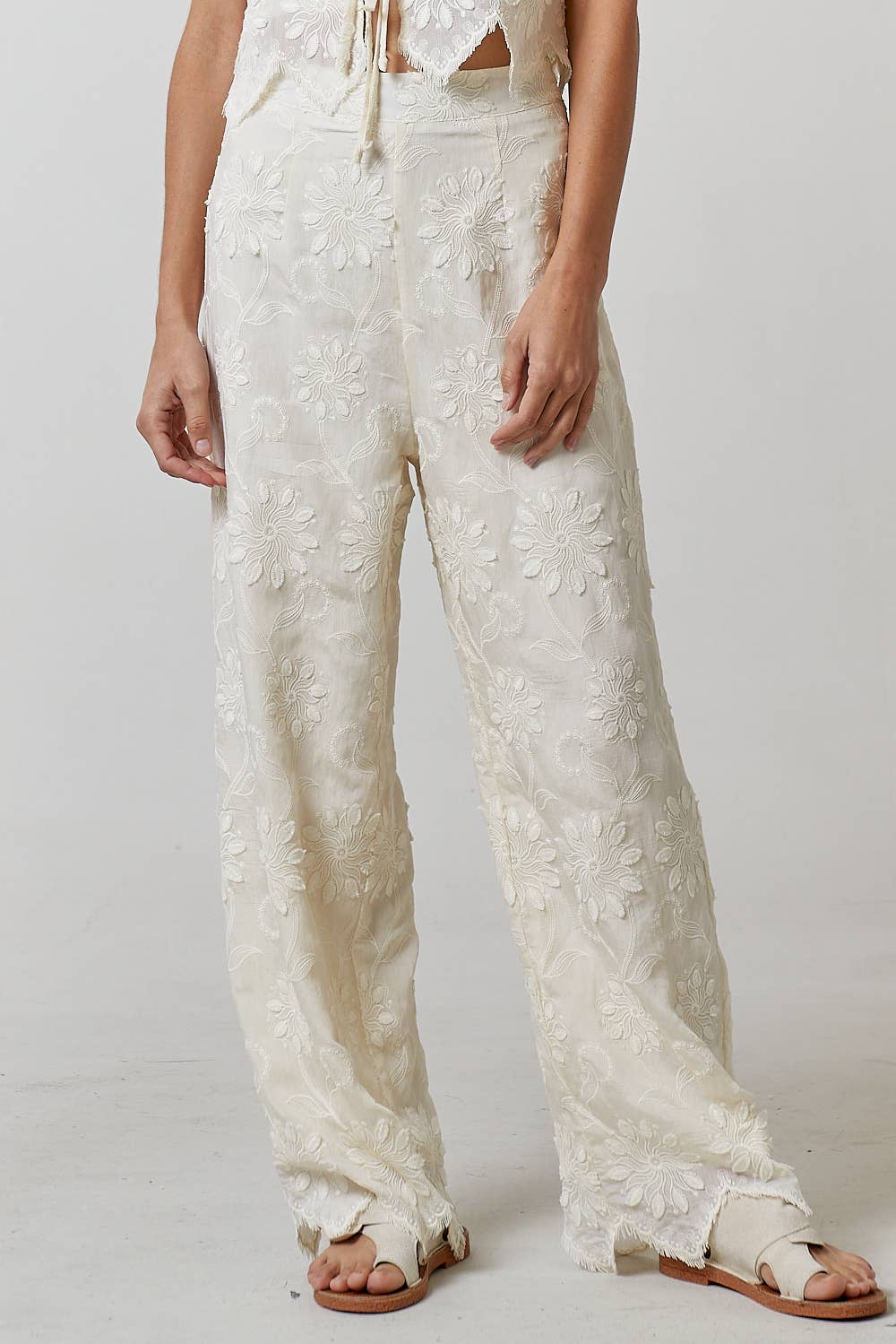 Lalavon - ILP3633 FLORAL EMBROIDERY WIDE LEG TROUSER PANTS