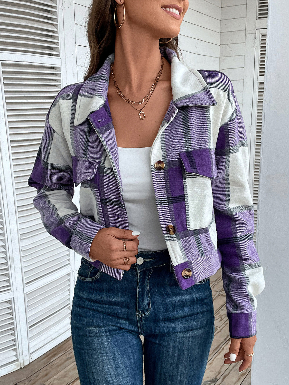 Perfee Plaid Button Up Drop Shoulder Cropped Jacket