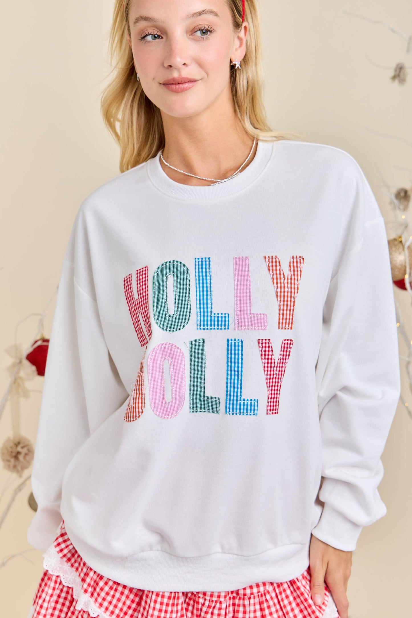 Main Strip - Holly Jolly White Holiday Sweatshirt Festive Winter Pullover