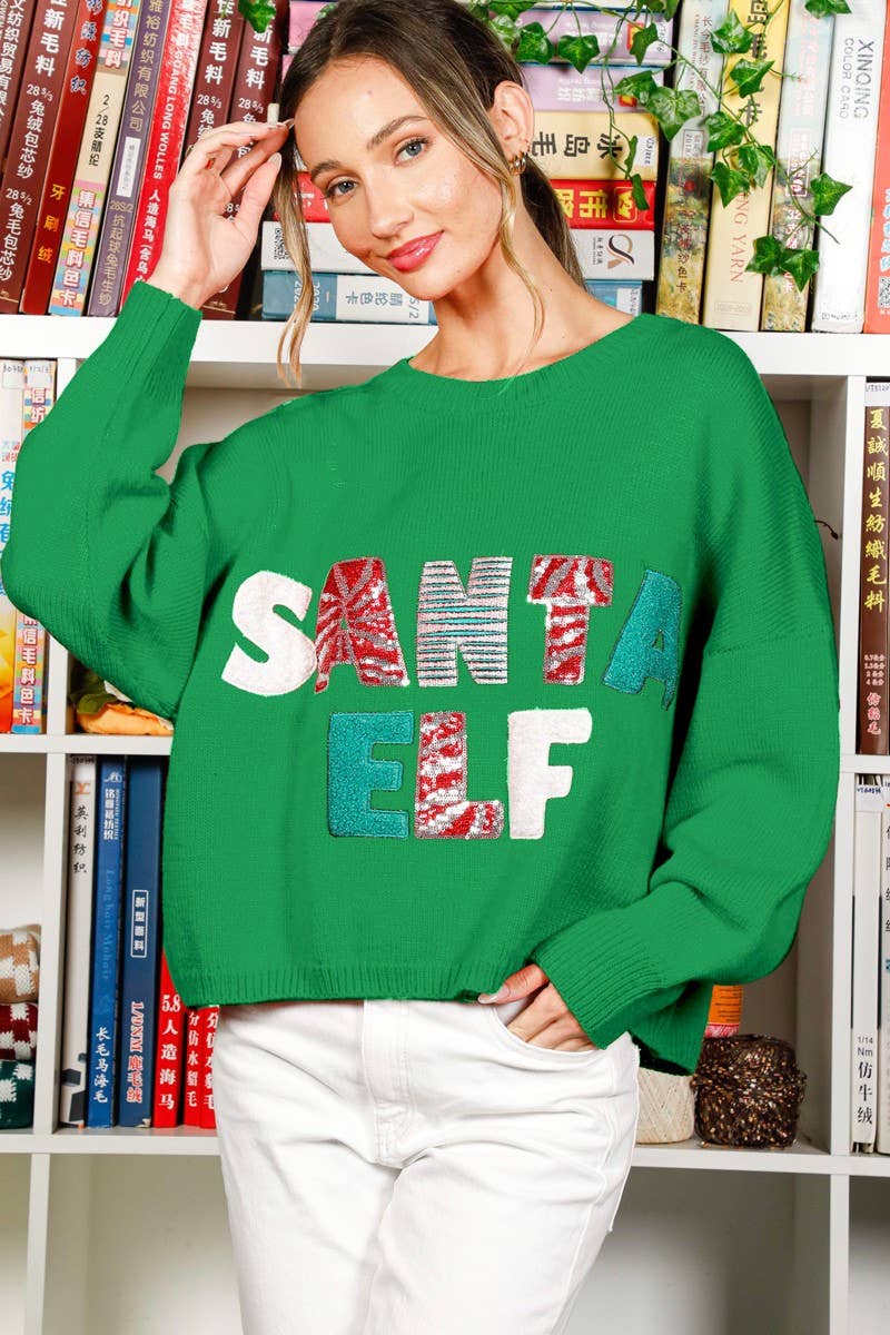 Vine & Love - SANTA ELF Sequin Embroidered Knitted Sweater Top VT82034-