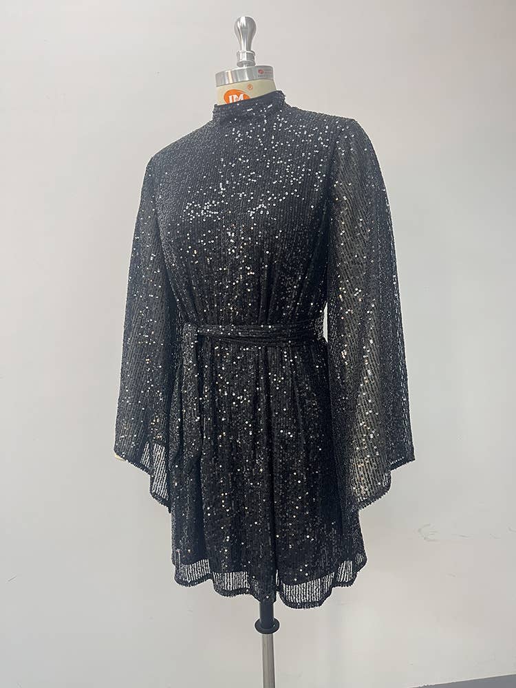 Rosa Clothing - Long sleeve party dress sequined cocktail dress: Black / L