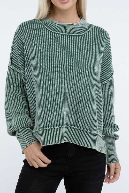 Washed Side Slit Oversized Cropped Sweater