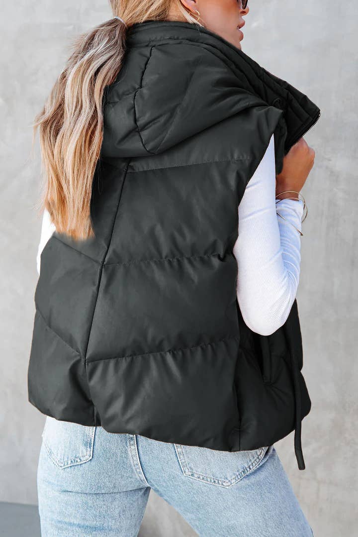 HIDDENBRAND - Short Hooded Down Sleeveless Vest: Black / M