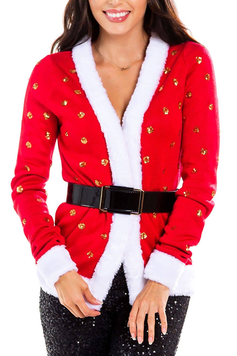 Tipsy Elves - Women's Sequin Mrs. Claus Christmas Sweater - Cardigan