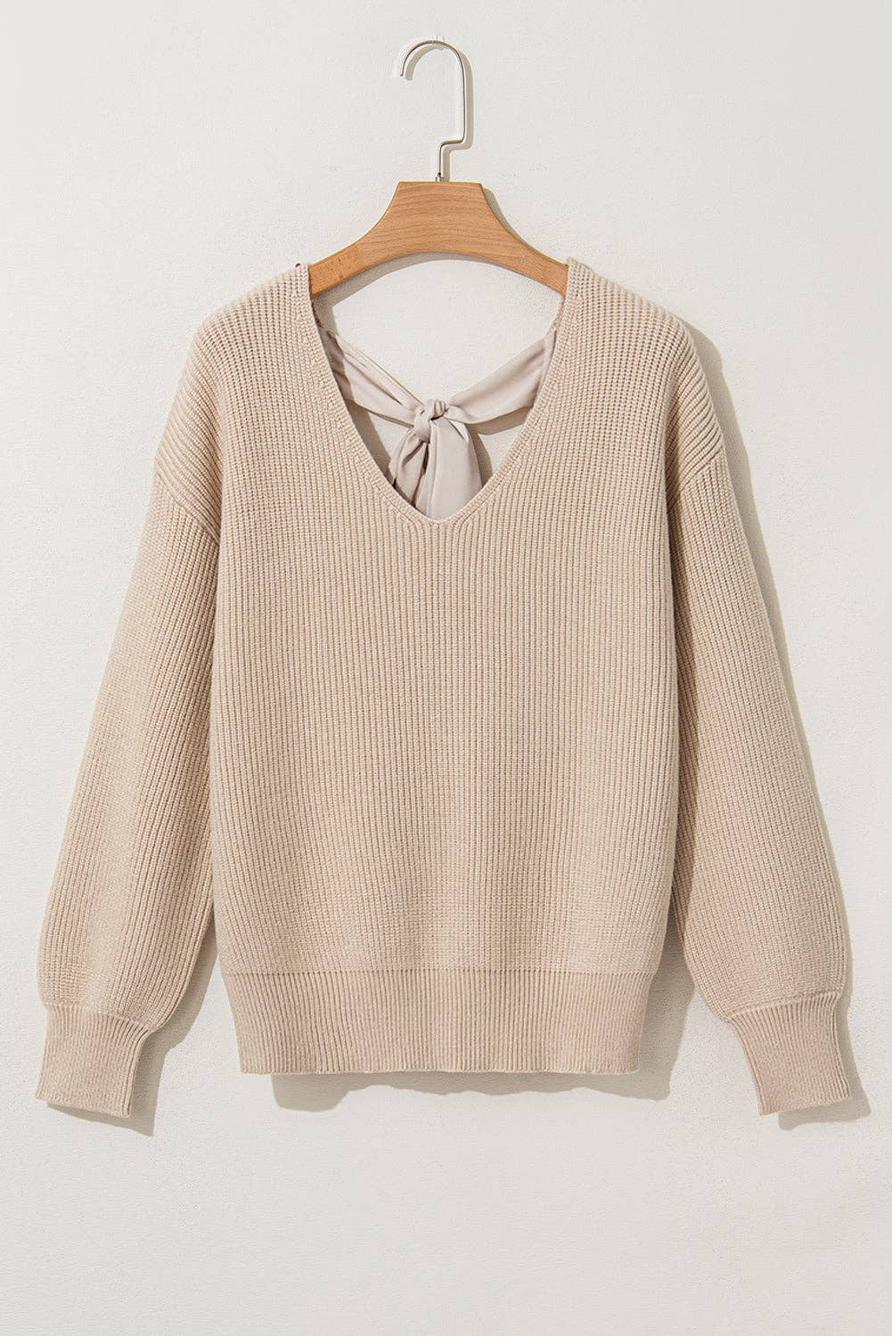 Suhkasana - Apricot Lantern Sleeve V Neck Knot Back Sweater: Apricot / 50%Viscose+28%Polyester+22%Polyamide / S