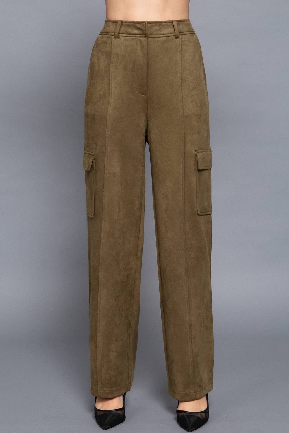 Active Basic | Active USA - High Waist Straight Line Suede Cargo Pants: KHA-camel / M