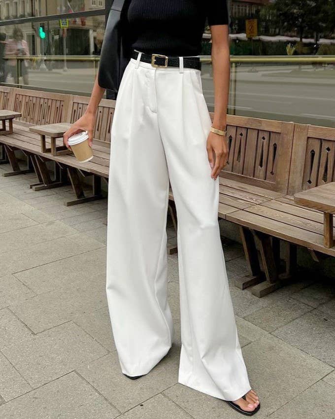 HIDDENBRAND - White High-Waisted Simple Casual Trousers: White / L