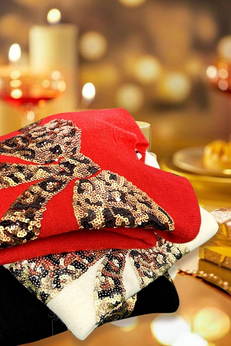 Vine & Love - Leopard Sequin Bow Crew Neck Knitted Sweater Top VT82024